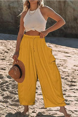 Damen nan weite Palazzohose aus leichtem Leinenmix mit Tunnelzug und seitlicher Tasche Drune in Gelb