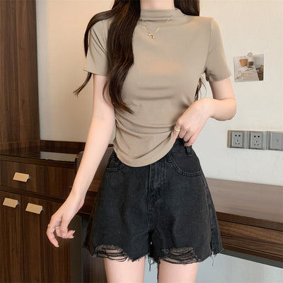 Femme Kurzarm-Mock-Neck-T-Shirt mit gerafften Details Heidi-Mode