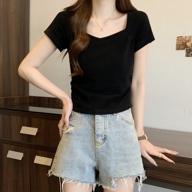 Damen Kurzarm V-Ausschnitt Tailliertes T-Shirt mit Texturiertem Stoff Heidi-Mode