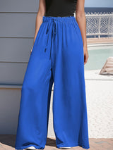 Damen nan weite Palazzo-Hose mit hohem Paperbag-Bund, elastischem Tunnelzug und vorderer Beinschlitz Drune in Blau