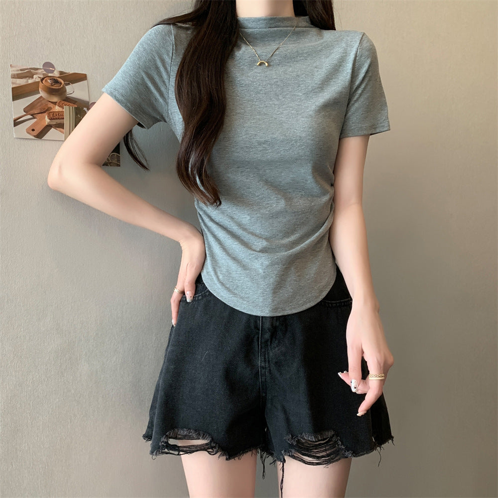 Femme Kurzarm-Mock-Neck-T-Shirt mit gerafften Details Heidi-Mode