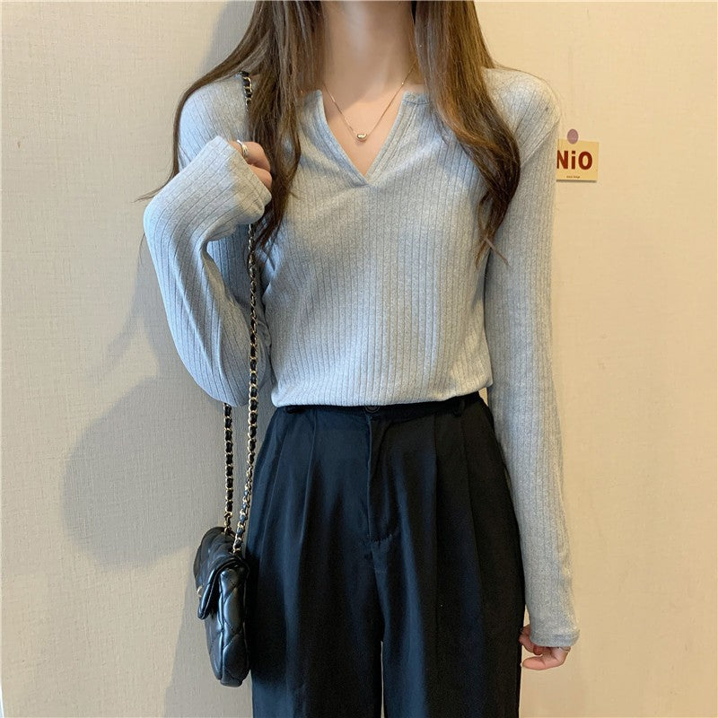 Femme Ripp Longsleeve V-Ausschnitt Top mit eleganten Falten Heidi-Mode