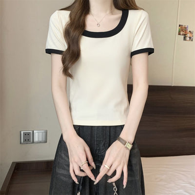 Damen Quadrat Ausschnitt Kontrastbesatz Oberteil Heidi-Mode