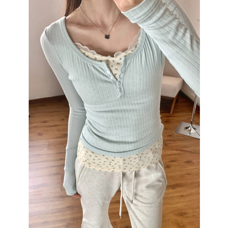 Damen Langarm Ripp-Henley-Oberteil mit Knopfdetail Heidi-Mode