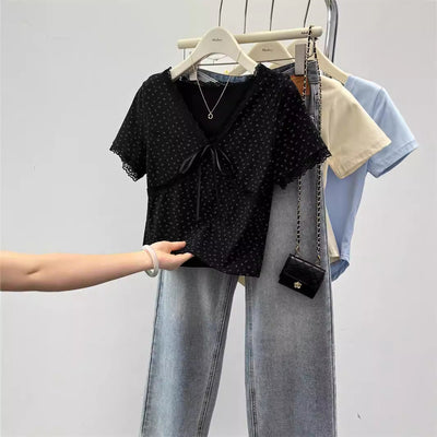 Femme Spitzenausschnitt V-Neck T-Shirt mit Bindung Heidi-Mode