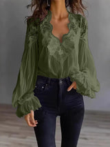 Damen Bluse Mit Langen Puffärmeln Und Spitze – Elegantes Vintage Oberteil in Olivgrün