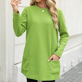 Damen nan legeres Fleece-Tunika-Kleid mit Rundhalsausschnitt und aufgesetzten Taschen Drune in Grasgrün