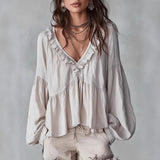 Damen Fließendes Oberteil Mit Raffungen Und V-Ausschnitt – Locker Elegante Bluse in Milchweiß