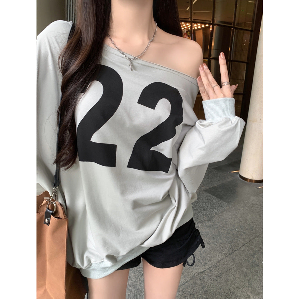 Damen Off-Shoulder Übergröße Sweatshirt mit fettem Grafikdruck Heidi-Mode