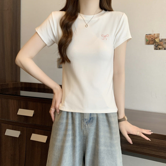 Damen Kurzarm Freizeit Grafik T-Shirt mit verspieltem Schleifendessin Heidi-Mode