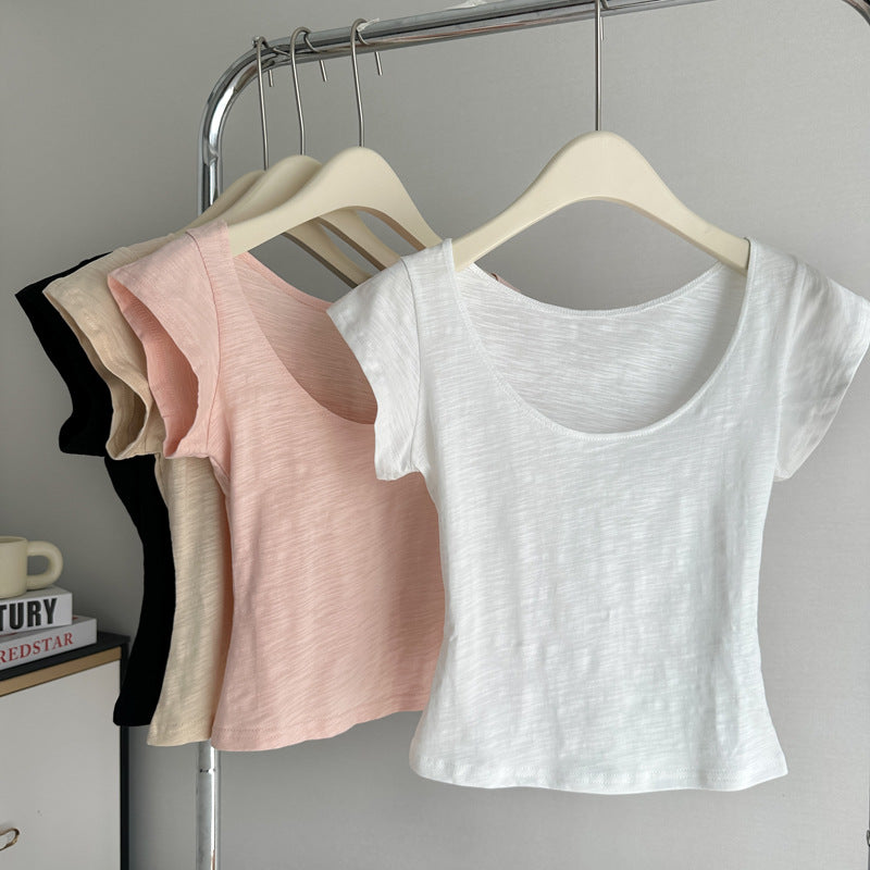 Femme Kurzarm Flatternder Rundhalsausschnitt Top Heidi-Mode