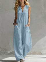 Damen Ärmelloser V-Ausschnitt Jumpsuit – Weites Bein Mit Taschen in Himmelblau