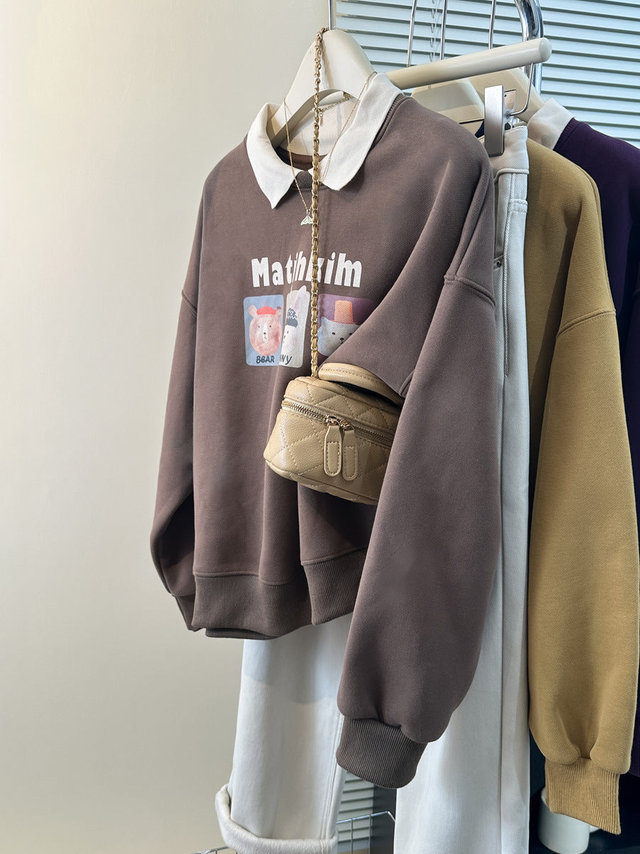 Femme Verspielt Grafisches Sweatshirt mit Kontrastkragen Heidi-Mode