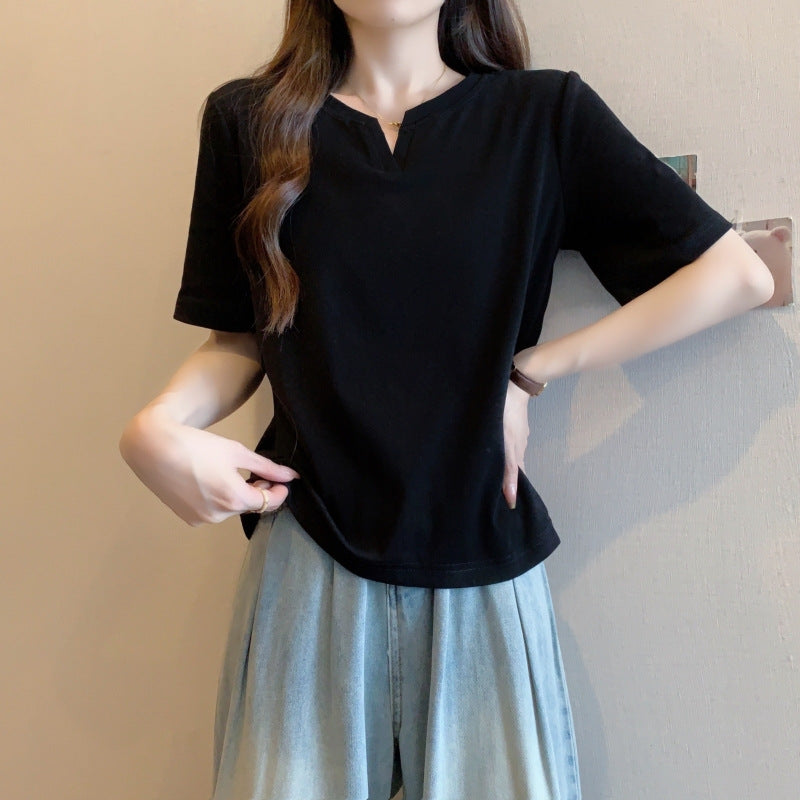 Damen Kurzarm V-Ausschnitt T-Shirt mit modernem Schnitt Heidi-Mode