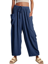 Damen nan weite Palazzohose aus leichtem Leinenmix mit Tunnelzug und seitlicher Tasche Drune in Dunkelblau