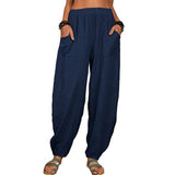 Damen nan lockere Leinenhose mit weitem Bein elastischem Bund und großen aufgesetzten Taschen Drune in Marineblau