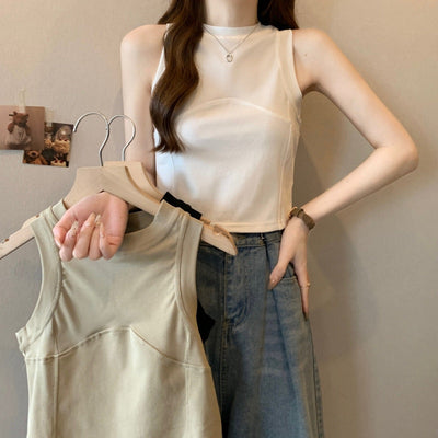 Damen High-Neck Cropped Tanktop mit sportlichen Nähten Heidi-Mode