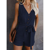 Damen Ärmelloser Knopf Playsuit – Sommer Jumpsuit Mit Gürtel in Dunkelblau