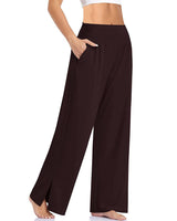 Damen nan weite Yogahose mit hohem Komfortbund, seitlichen Eingrifftaschen und seitlichem Bein-Schlitz Drune in Dunkelbraun