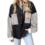 Damen nan oversized Hemdbluse mit Strukturstoff, Kontrastärmeln im Leo-Print und aufgesetzten Taschen Drune in Schwarz