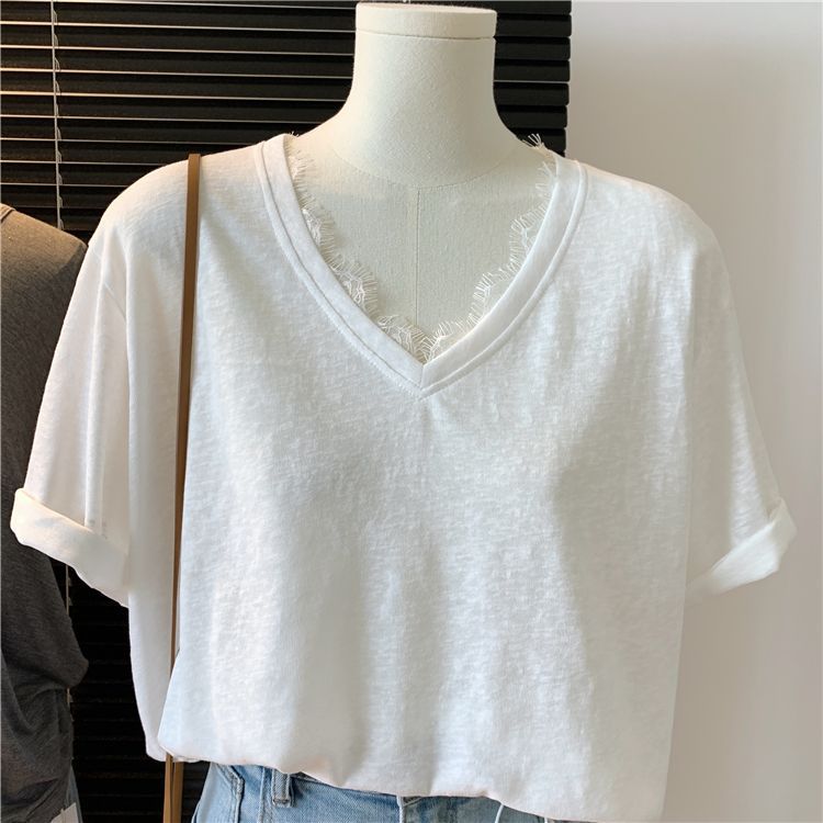 Femme Relaxed Fit V-Ausschnitt Top mit abgenutztem Ärmel Detail Heidi-Mode