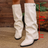 Damen nan kniehohe Slouch-Stiefel mit spitzer Zehenpartie niedrigem Blockabsatz und dekorativem Schaftgurt Drune in Cremeweiß