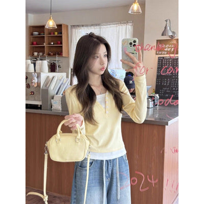 Femme Leichtgewicht Geschichteter Langarm Henley Top Heidi-Mode