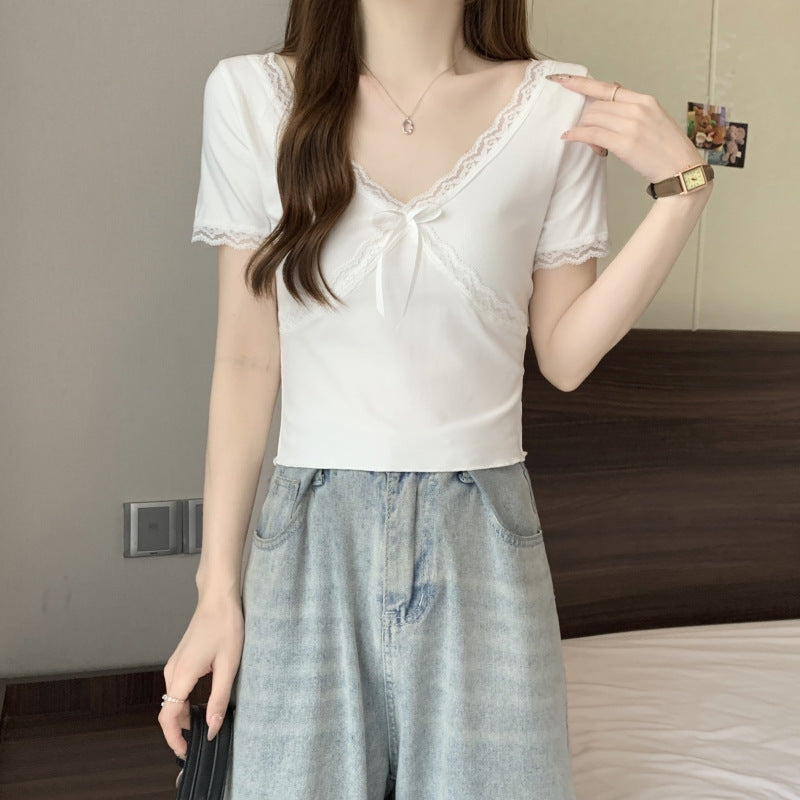 Damen Spitzenbesetztes V-Ausschnitt-Oberteil mit Schleifendetail Heidi-Mode