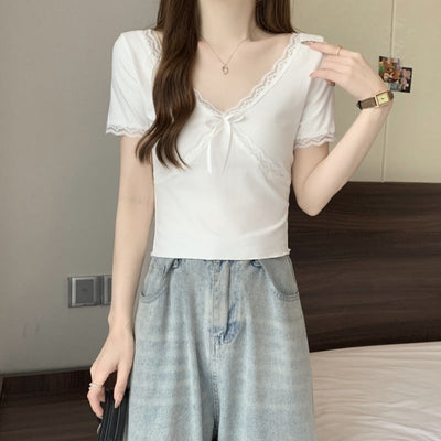 Damen Spitzenbesetztes V-Ausschnitt-Oberteil mit Schleifendetail Heidi-Mode