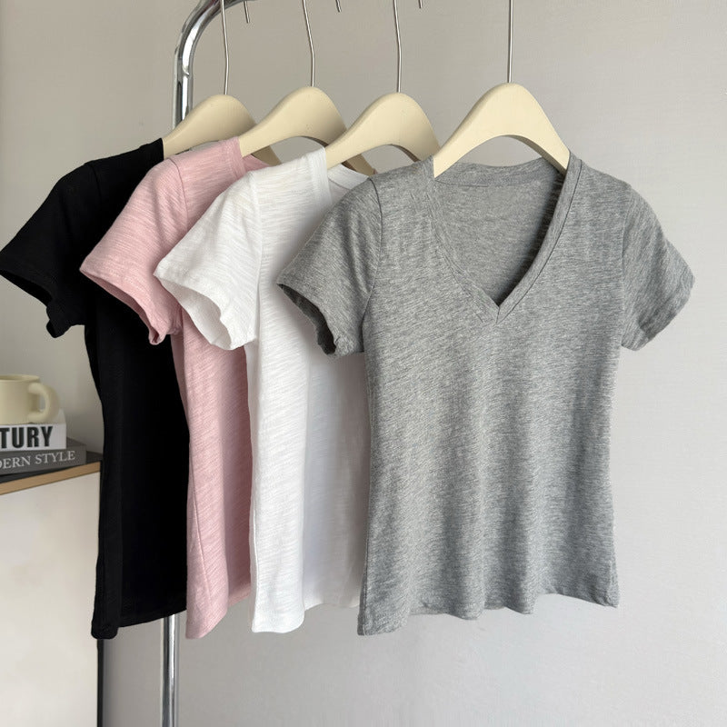 Femme Soft V-Ausschnitt Kurzarm T-Shirt Heidi-Mode