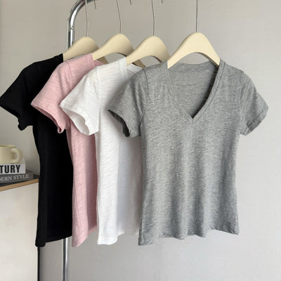Femme Soft V-Ausschnitt Kurzarm T-Shirt Heidi-Mode