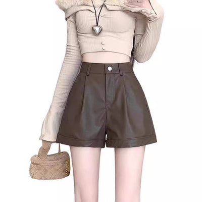 Femme Hochwaist Falten Kunstleder Shorts Heidi-Mode