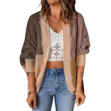 Damen nan lässige Strickjacke im Patchwork-Stil mit offener Front und 3/4-Ärmeln Drune in Kaffeebraun