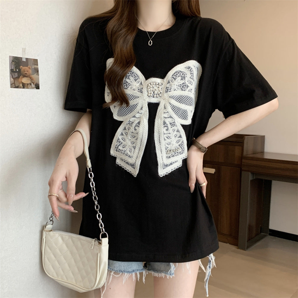 Damen Übergroßes Grafik T-Shirt mit Spitzenbogen-Verzierung Heidi-Mode