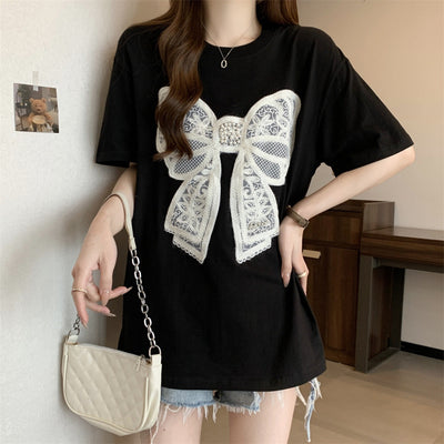 Damen Übergroßes Grafik T-Shirt mit Spitzenbogen-Verzierung Heidi-Mode