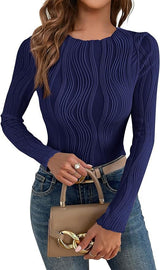 Damen nan figurbetontes Rippstrick-Longsleeve mit Wellendetail und Rundhalsausschnitt Drune in Marineblau