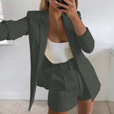 Damen nan tailliertes Longblazer-Shorts Set mit betonter Schulterpartie, hoher Taille und breitem Gürtel Drune in Dunkelgrau