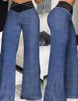Damen nan hochtaillierte Schlaghose mit mehrreihiger Riemchen-Taille und weitem fließendem Bein Drune in Jeansblau