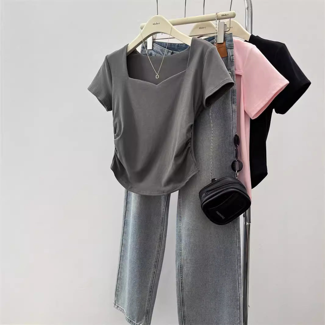 Damen Kurzarm Quadrat-Ausschnitt Raffung T-Shirt Heidi-Mode