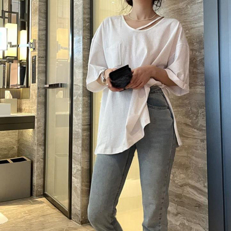 Femme Übergrößen Pocket Detail Baumwoll-T-Shirt Heidi-Mode