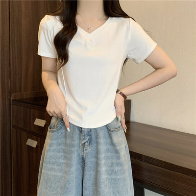 Femme Kurzarm V-Ausschnitt Basic T-Shirt Heidi-Mode