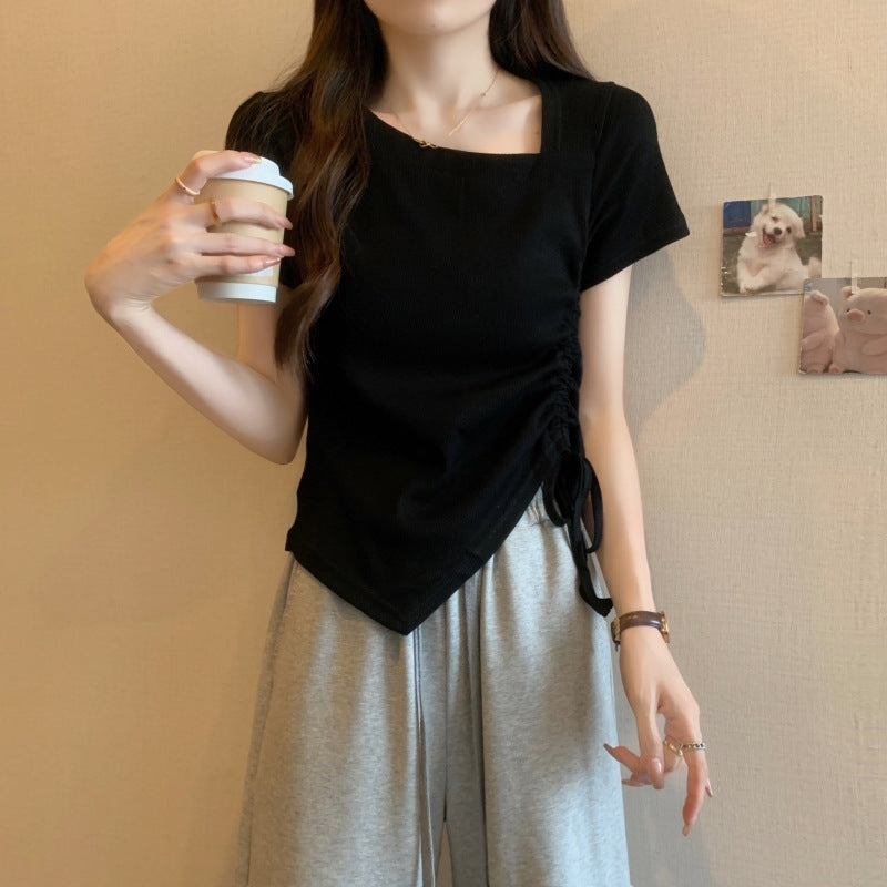 Damen Raffung seitliche Bindung T-Shirt mit quadratischem Ausschnitt Heidi-Mode