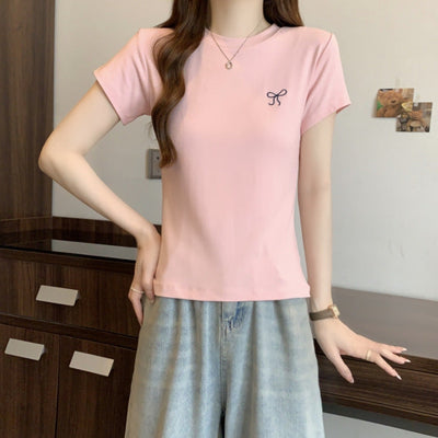 Damen Kurzarm Freizeit Grafik T-Shirt mit verspieltem Schleifendessin Heidi-Mode