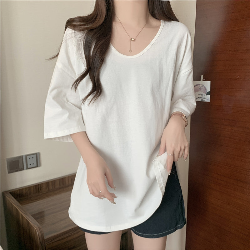 Femme Übergrößen V-Ausschnitt Baumwoll-T-Shirt Heidi-Mode