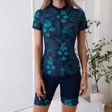 Damen Sportlicher Kurzarm Schwimmanzug mit floralem Design Drune in Dunkelblau