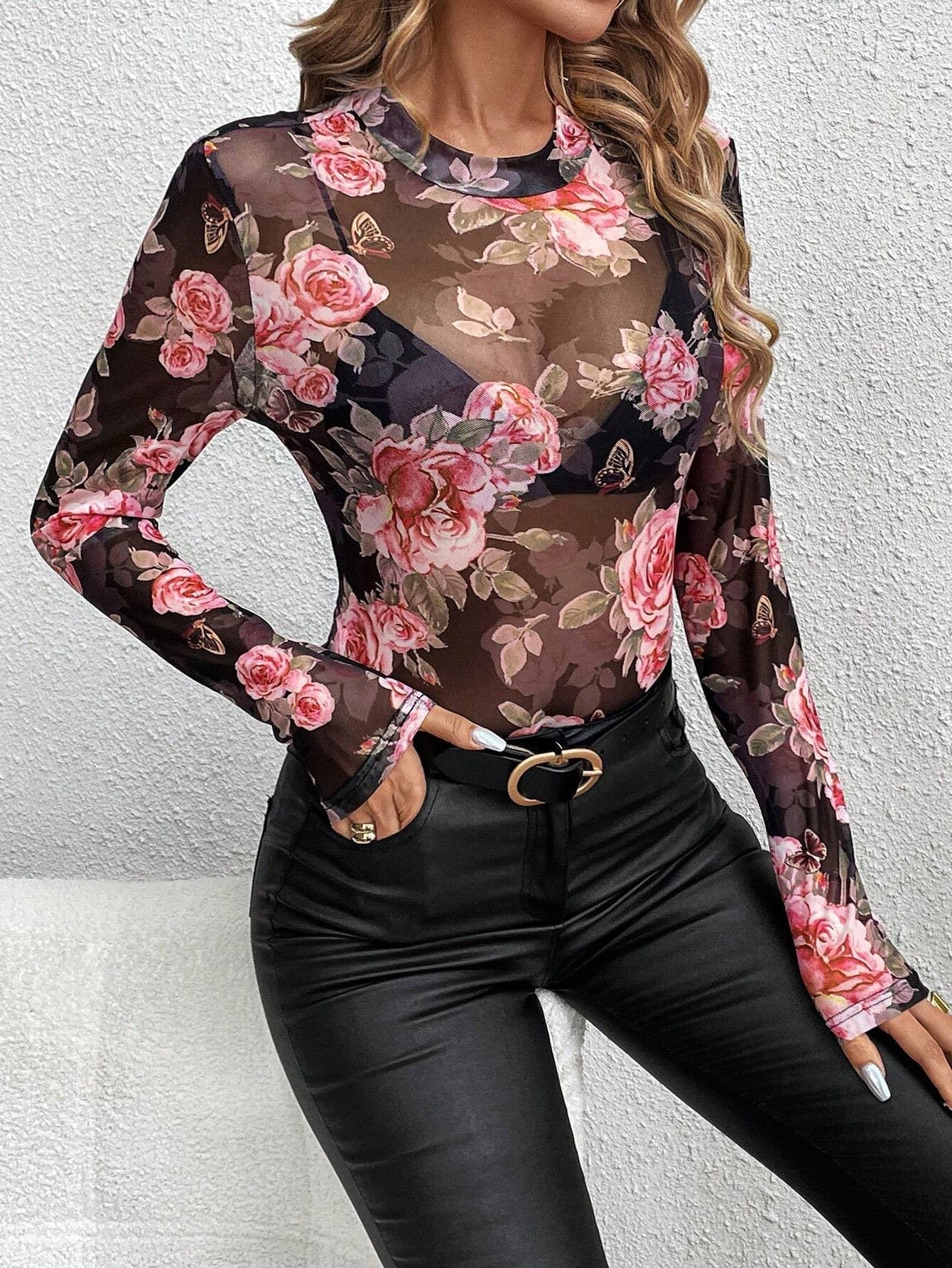 Katherine - Gedrucktes kleines Stehkragen Mesh Slim Fit Top