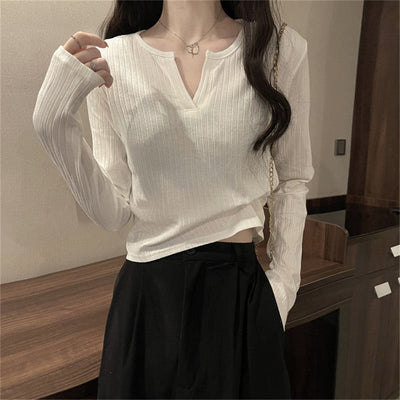 Femme Geripptes Langarm-Henley-Oberteil Heidi-Mode