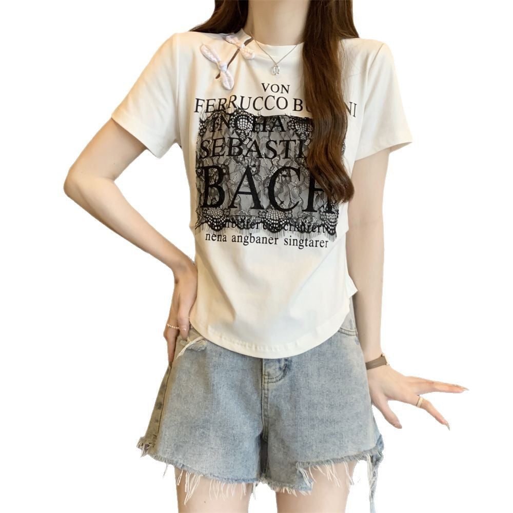 Femme Spitzen-Detail Grafik T-Shirt Heidi-Mode