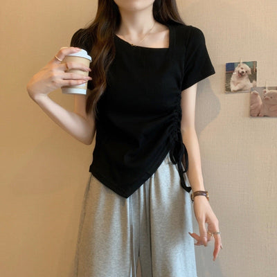 Damen Raffung seitliche Bindung T-Shirt mit quadratischem Ausschnitt Heidi-Mode