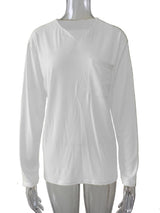 Damen nan legeres Langarmshirt mit V-Notch-Ausschnitt, Brusttasche und lockerer Oversize-Passform Drune in Weiß - mit Tasche, Langarm